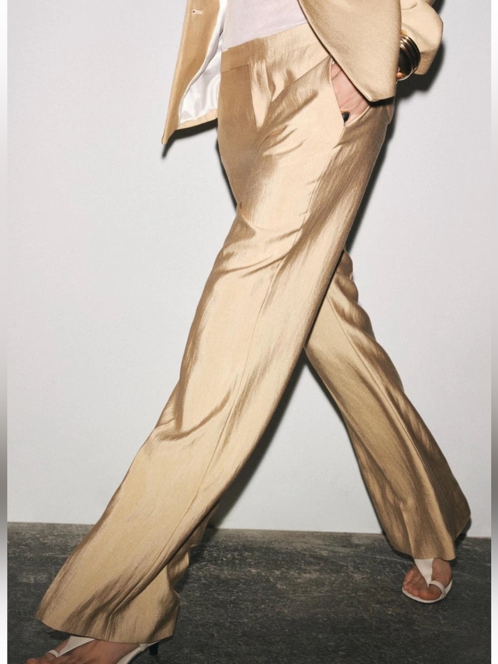 Zara NWT 2 piece SET ZW collection Gold cinch waist structured blazer & pants - Picture 10 of 15